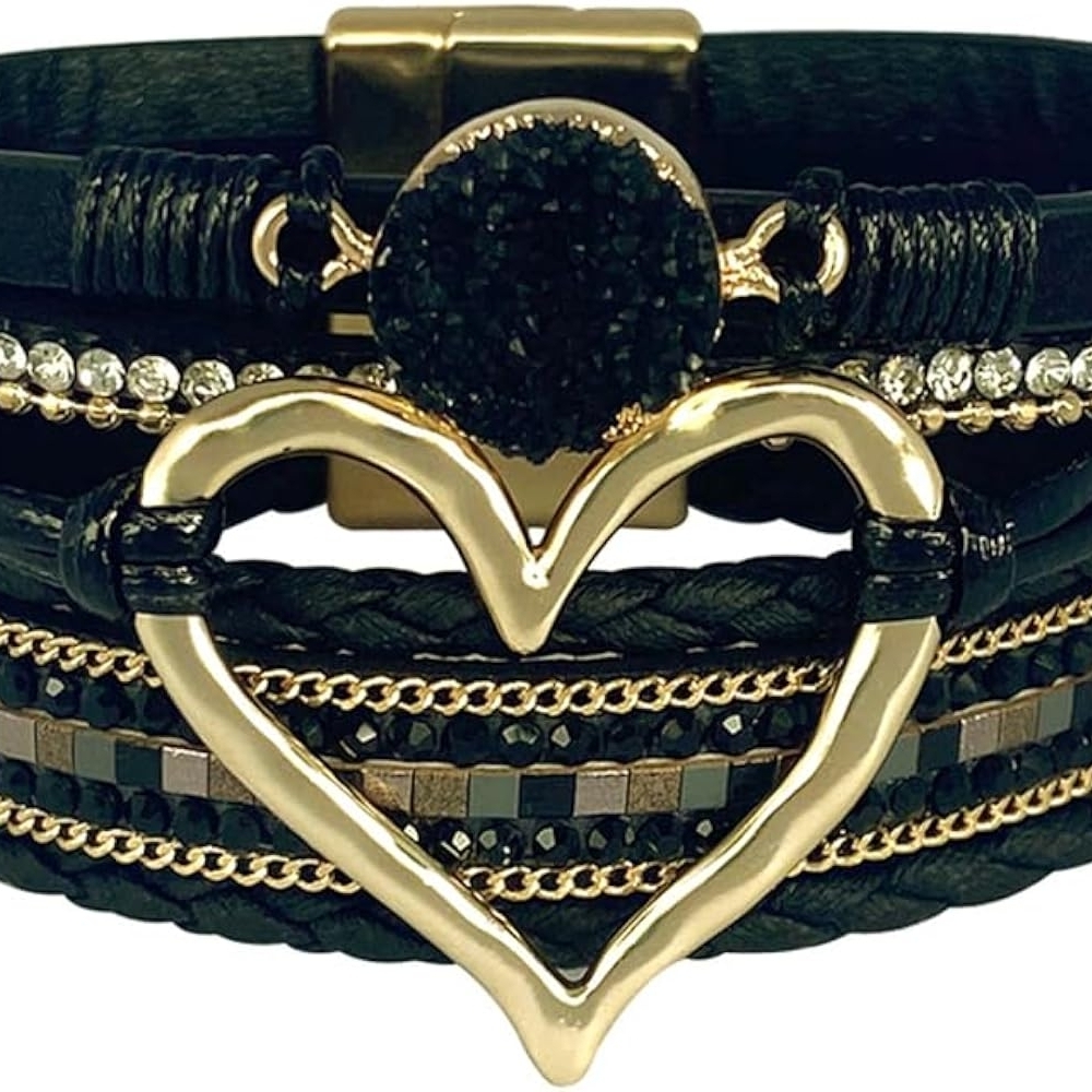 Gold Heart Multi-Strand Black Bracelet with Crystal Accent
